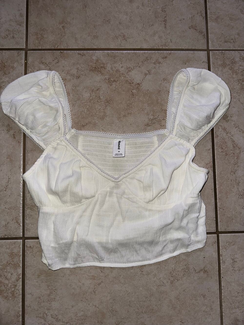 Abound White Puff Sleeve Smocked Back Crop Top Women’s Medium Cottagecore
